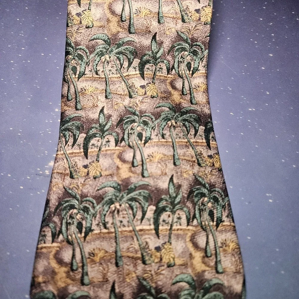 Reyn Spooner Necktie Mens OS Green Royal Fish Pond Palm‎ Tree Silk 1994 Vintage